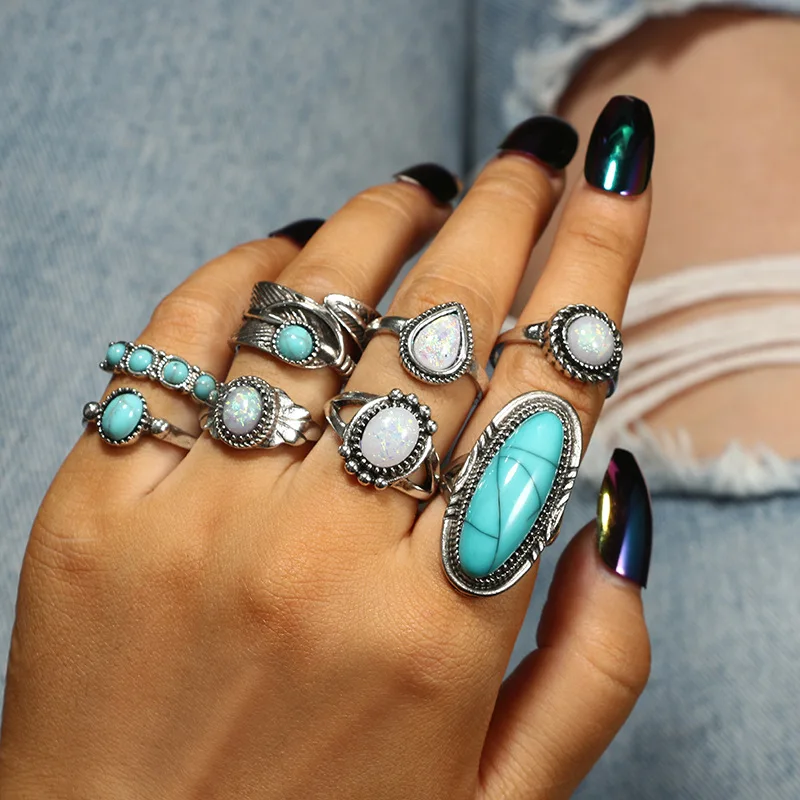 8 pcs/set Vintage Bohemian Ethnic Style Fashion Jewelry Turquoise Feather Carved Silver Finger Ring Set for Women