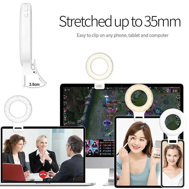 Portable USB Rechargeable 60 LED Selfie Ring Light Clip on cell Phone Laptop Tablet 3 Light Modes Zoom Meeting