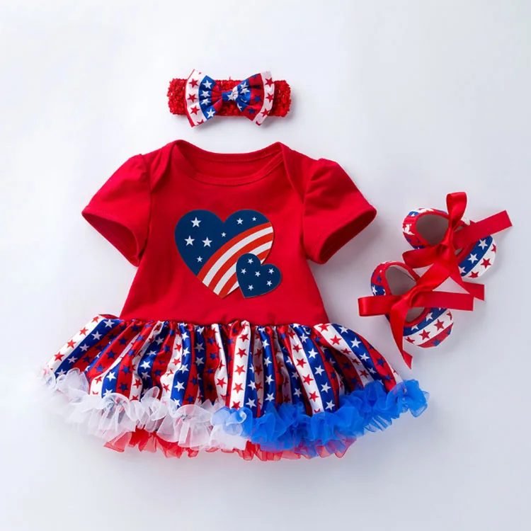 
New Independence Day Short Sleeve baby Romper Skirt Jumpsuit Shoes Three Piece Girls Clothes Dress Sui 