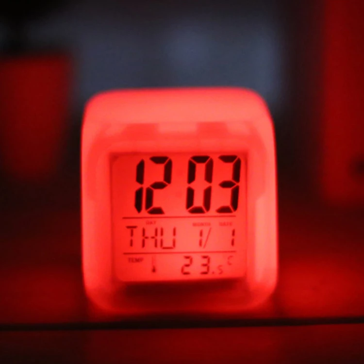 7 Colour LED Color Change Digital Table Alarm Clock Thermometer Date Time Night Light