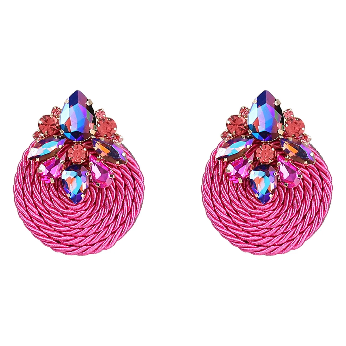 New geometric alloy glass diamond earrings polyester elastic cord braided round earrings jewelry for women