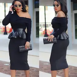 Sexy Off Shoulder Peplum Patchwork PVC Bodycon Women Party Club Dress