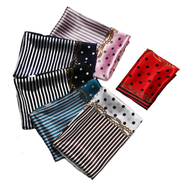 Vendor retro chain point striped printed silk scarf 90x90 satin custom women edge scarf hair headwraps satin
