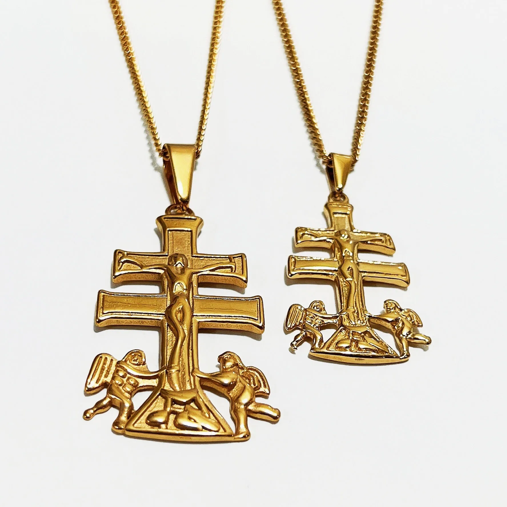 Винтажные 48 мм Каравака крест распятие Подвеска с Херувим Ангел из нержавеющей стали покрытой 18 к настоящим золотом набор религиозный ювелирные изделия