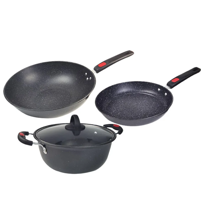 Kitchen cooking medical stone non-stick 304 stainless steel wok frying pan stock pot cookware 3 piece set kitchenware set