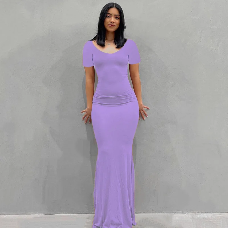 Spring Fall purple brown pink maxi short sleeves dress 2022 custom logo floor length mermaid prom easy dress summer