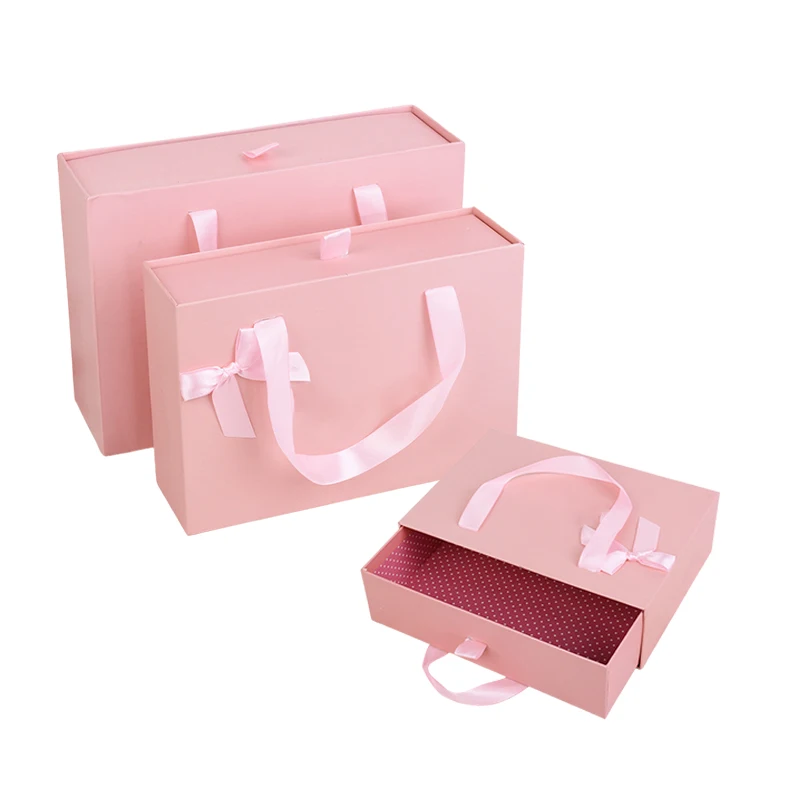 Luxury Custom Logo Pink Handbag Paper Gift Drawer Boxes For Packaging Clothes With Ribbon