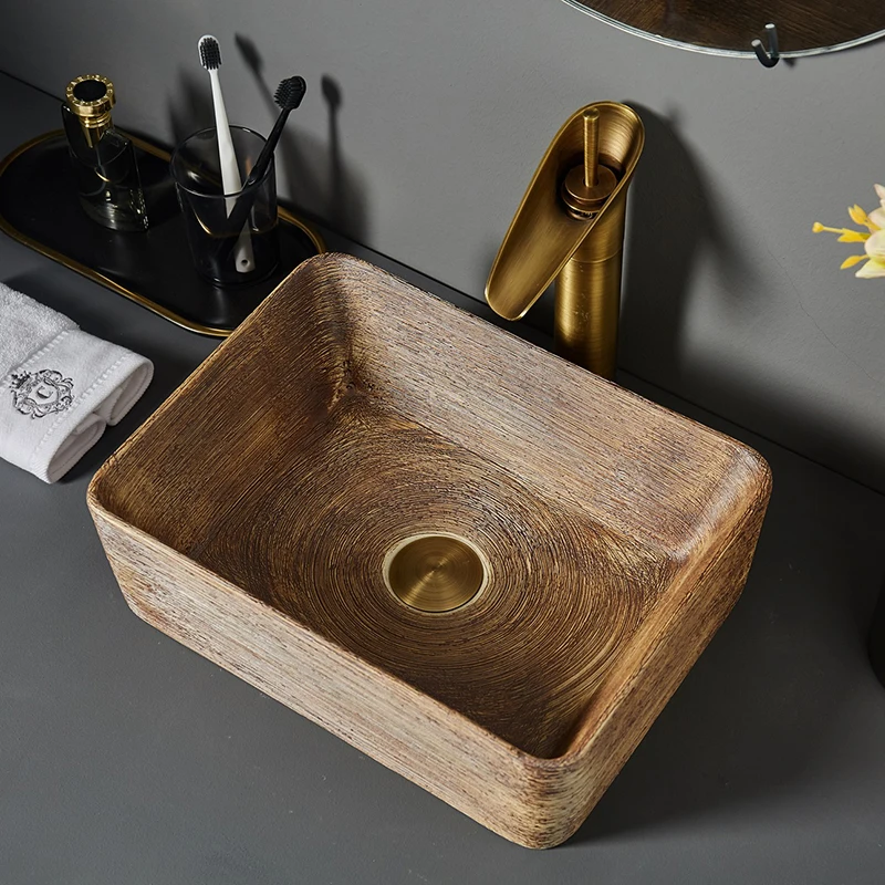 LJ24-066-074 Ceramic Bathroom Vessel Sinks Washbasin Oval Grain Wood Color Bathroom Retro Wash Basin