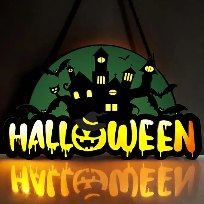 Wooden UV Printed Will Light Up Halloween Home Decor Wreath Scary Castle Front Door Hanging Wreath Halloween Party Supplies