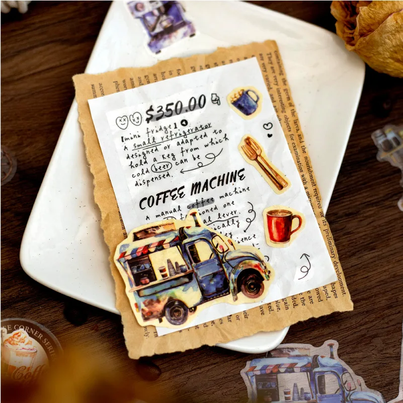 1Roll PET Aquascape Tape Cozy Coffee Corner Series Handbook Material Decorative Collage Base Stickers