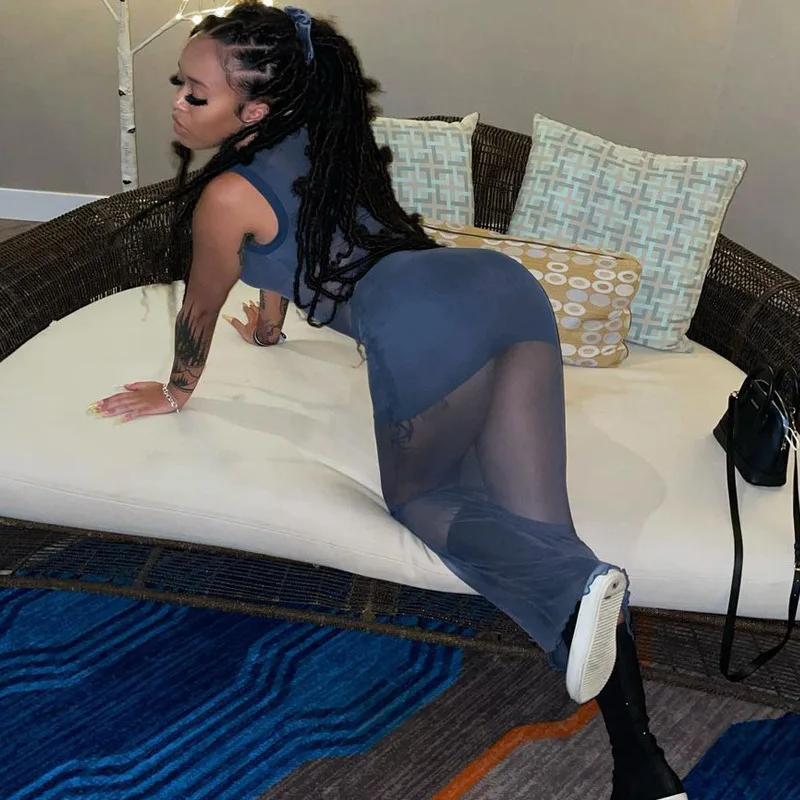 women see through sexy long dress black mesh bodycon party dresses female 3 piece set summer sleeve cut out vestidos