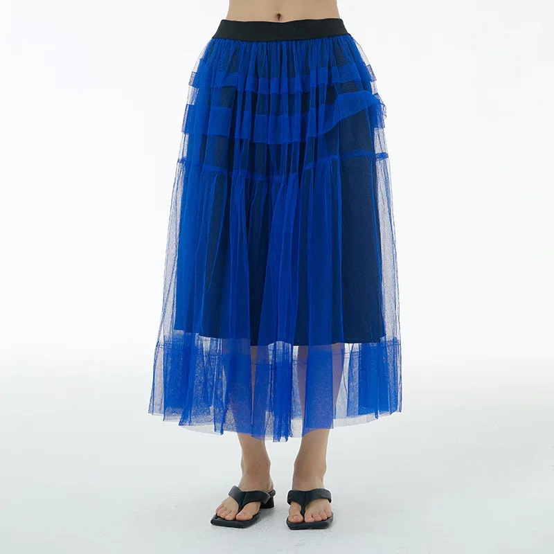 Patchwork Mesh Skirt For Women Female Fashion New Spring High Waist Casual Cake TWO Layers Ball Gown Skirts