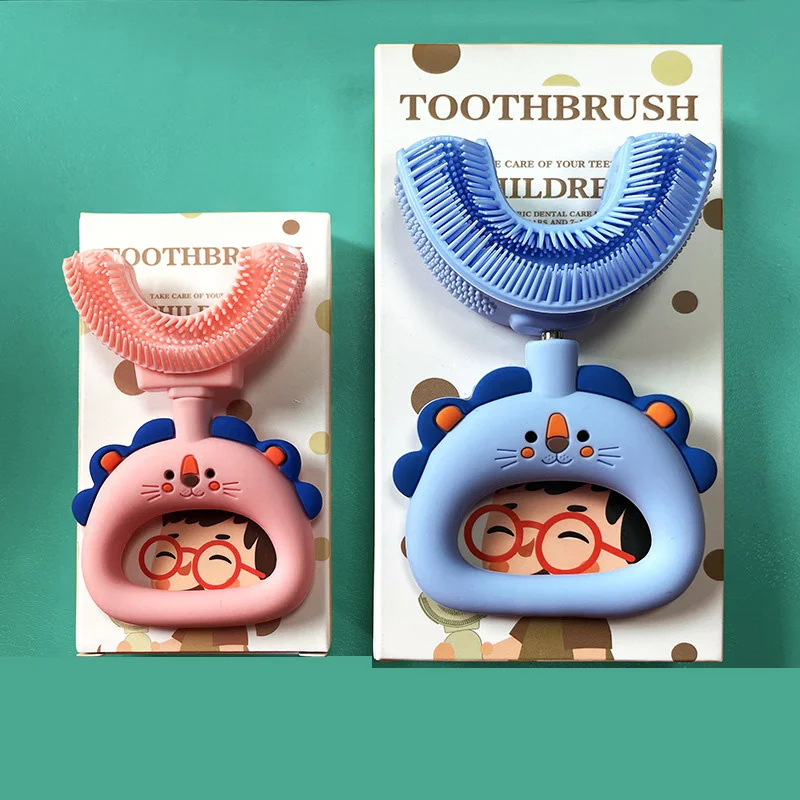 Cartoon cute design manual baby  kids u shape rotating toothbrush with toothbrush storage box