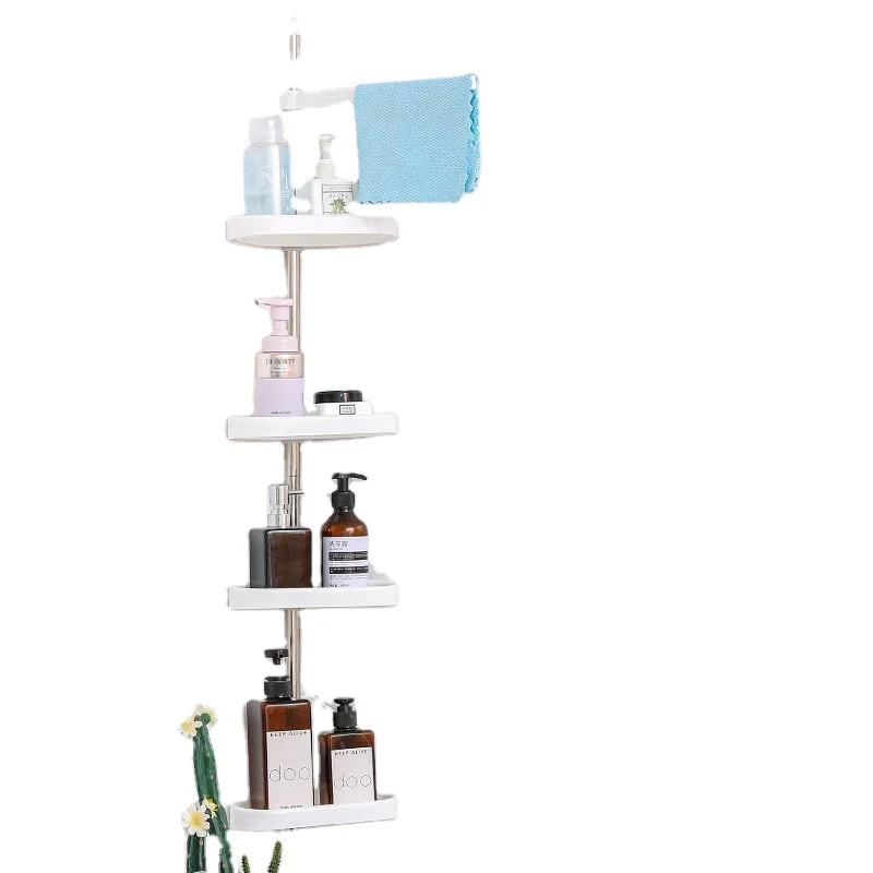 Manufacturer Cheap Adjustable 4-tier layers plastic basket Tension Rod Corner Bathroom Shelf