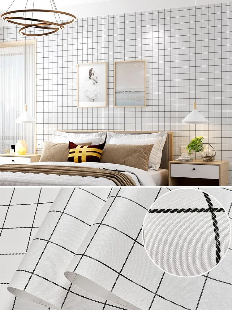 Simple pattern white grid wall paper sticker adhesive waterproof pvc black wallpaper for hotel house living room deco