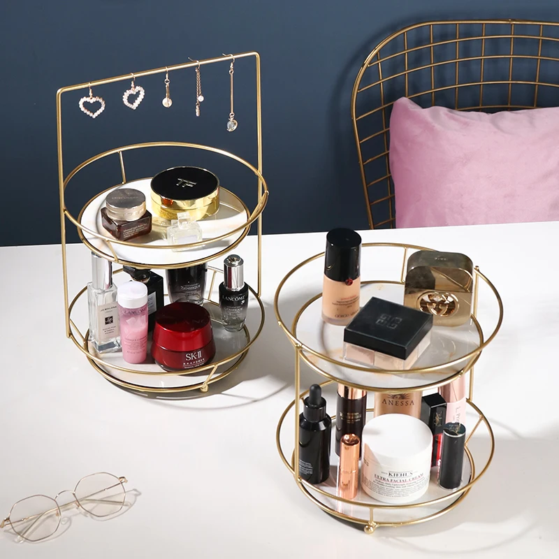 Metal Crafts,Cosmetic Storage Rack,Double-layer Serving Trays Jewelry Tray Storage Rack With Handle