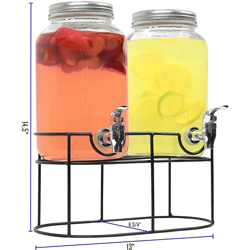 1 gallon Glass Mason Jar Double Beverage Drink Dispenser On Metal Stand With Leak Free Spigot