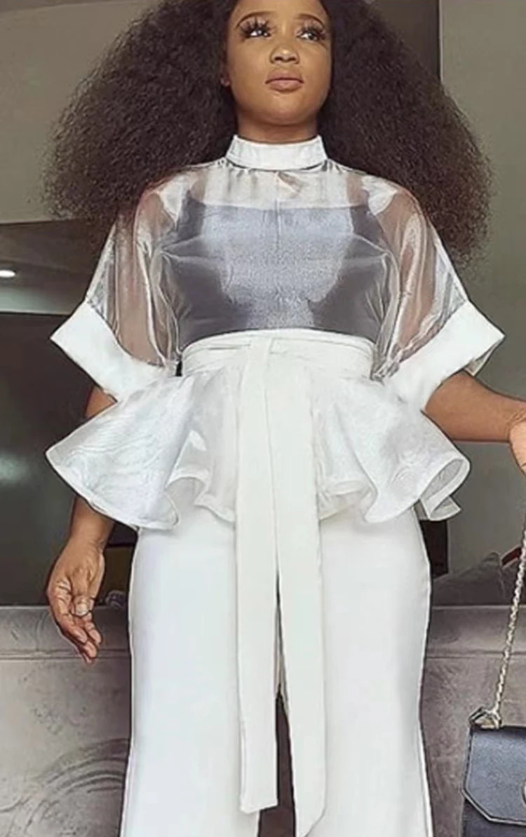 Wholesale ready to ship fashion lace two piece top and pants women suit