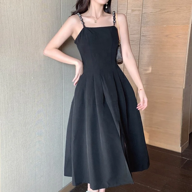 2022 New Light Luxury Dress Design Slim Simple Black Sling Dress Party Evening Dress