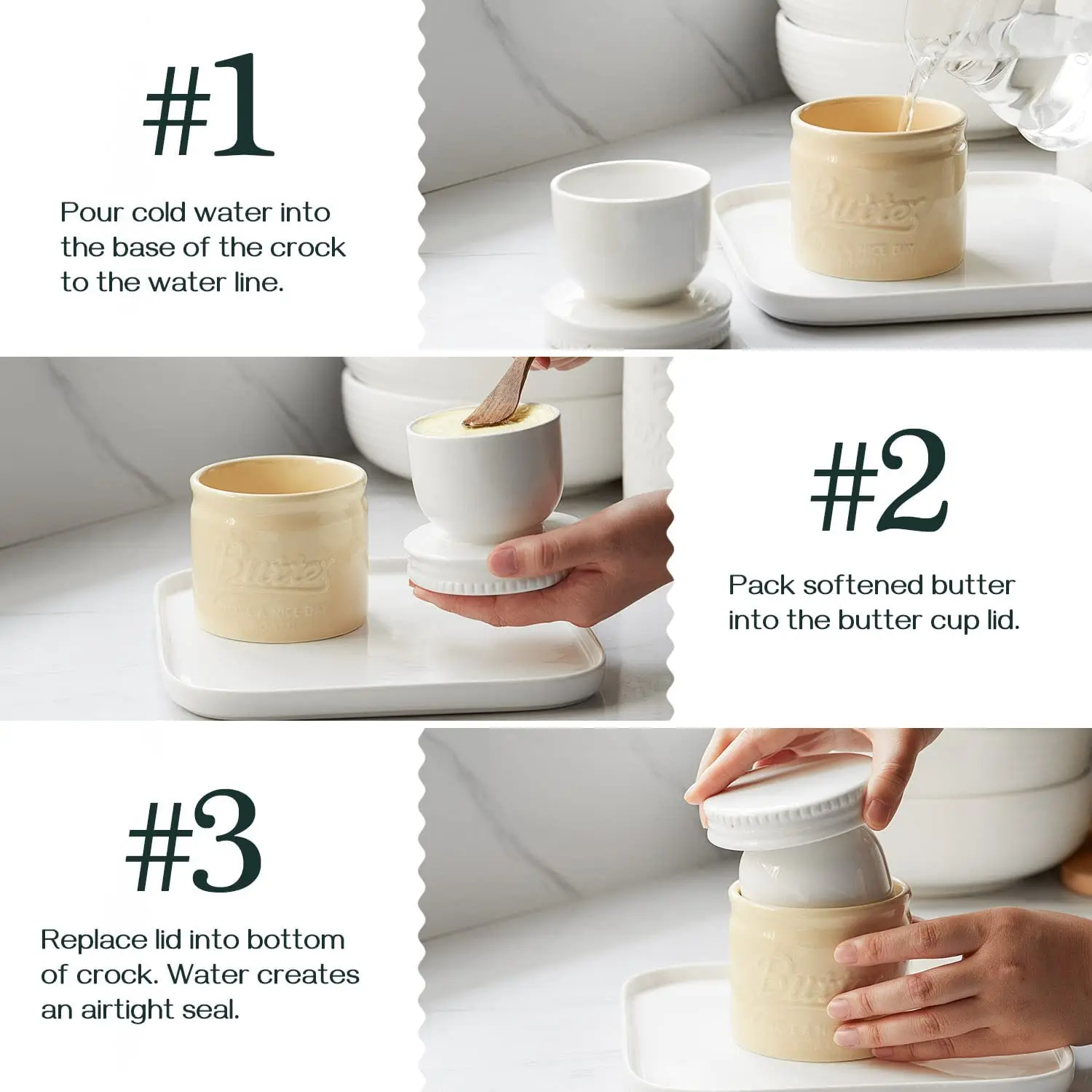 Porcelain Butter Keeper Crock, French Butter Dish with Lid, Embossed Butter Container for Soft Butter