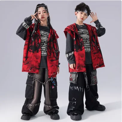 Customizable Hip-Hop Street Dance Outfit Trendy Performance Set with Hoodie, Denim Jeans, and Red Hooded Denim Vest for Kids