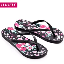 luofu PVC  flower print Outdoor Anti-slip Casual Quick Drying Pvc Comfortable Flat Flip Flops Slippers For Ladies