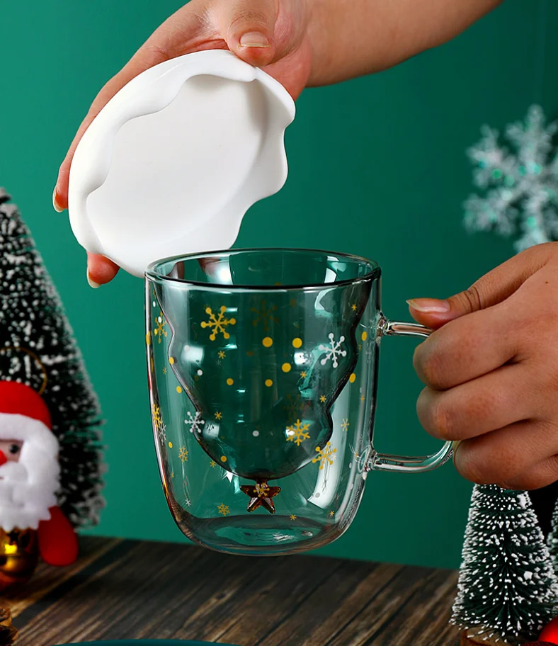 Christmas custom unique reusable double walled drink juicy borosilicate glass coffee cup with lid