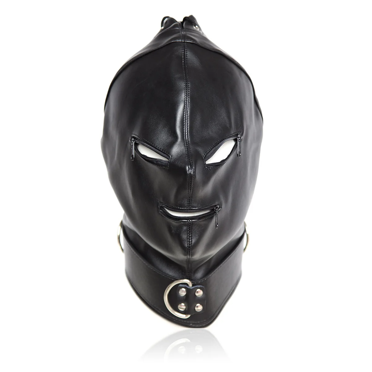 Pu Leather Bdsm Fetish Bondage Sex Toys Full Hood Open Eyes and Mouth Mask Full Face Black Mask With Design Zippers