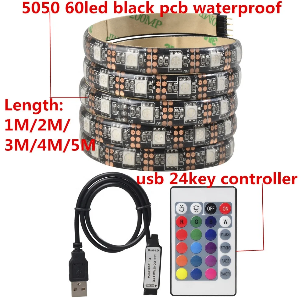 LED Strip Light USB 5050SMD DC5V RGB Black PCB 60LED/M WaterproofFlexible Tape Ribbon 1M 2M 3M 4M 5M TV Desktop Screen BackLight