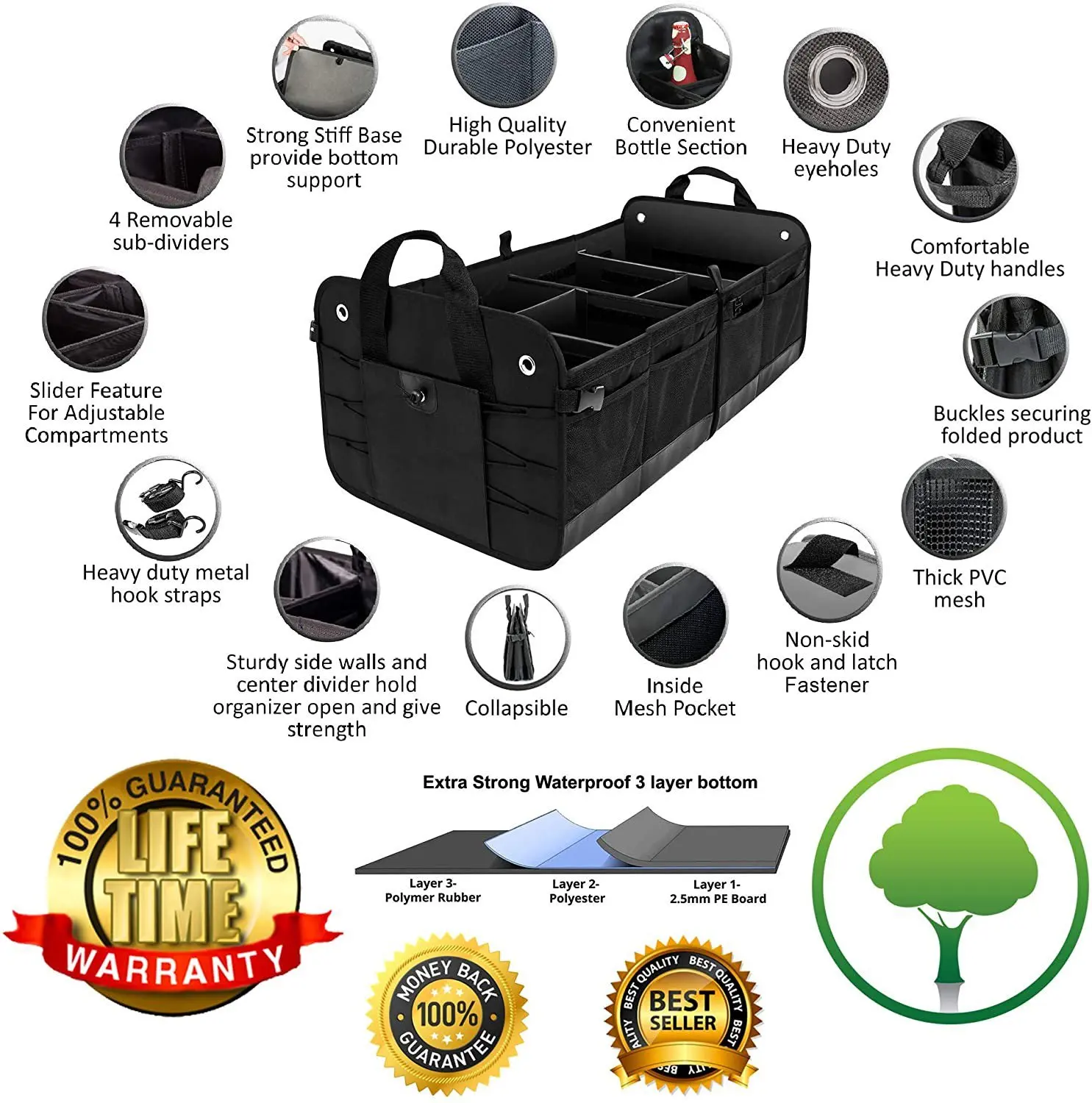 BSCI Factory Premium SUV Truck Organizer Multi-Compartment Auto Car Trunk Storage Bag Collapsible Portable Anti-Skid Car Seat