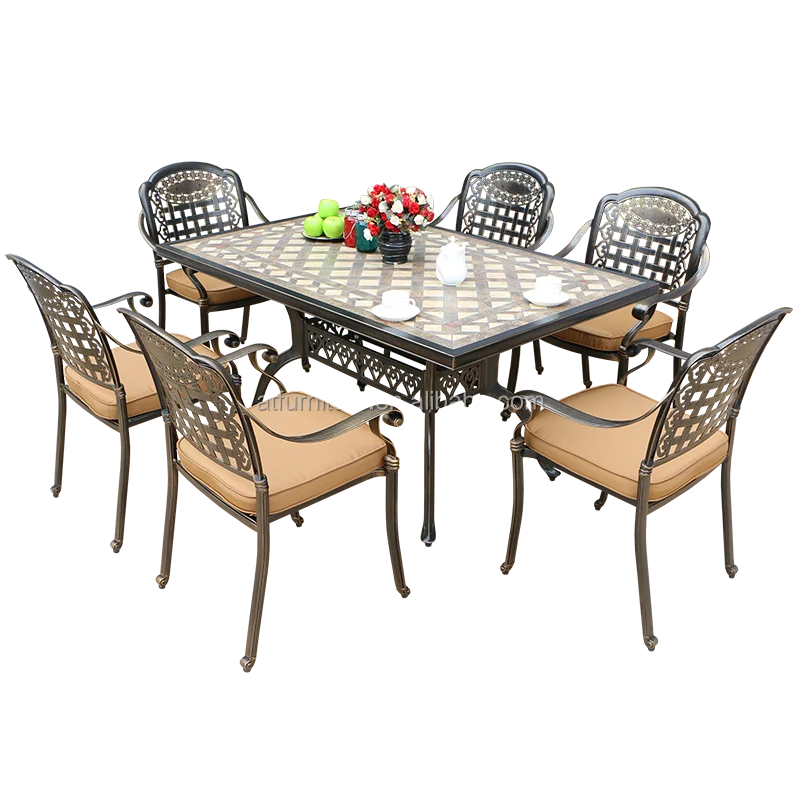 065 Modern 7 Pieces Cast Aluminum Outdoor Furniture Dining Chair And 60' Long Table Furniture Sets Cast Aluminum Chair