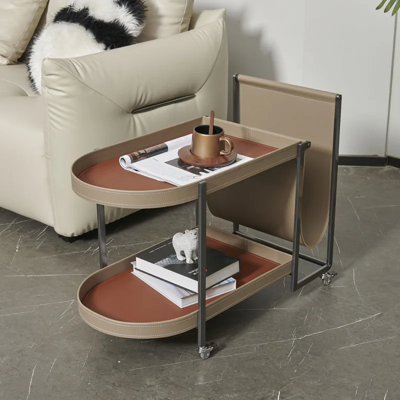 Modern Stainless Steel Center Table Movable Saddle Leather 360 Rotation Side Table Storage for Sofa
