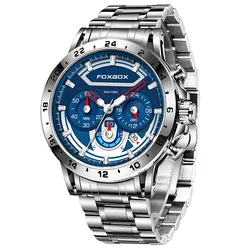 FOXBOX New Men's Quartz Watch Fashion Luxurious Sports Waterproof Chronograph Stainless Steel Men Watches Clock
