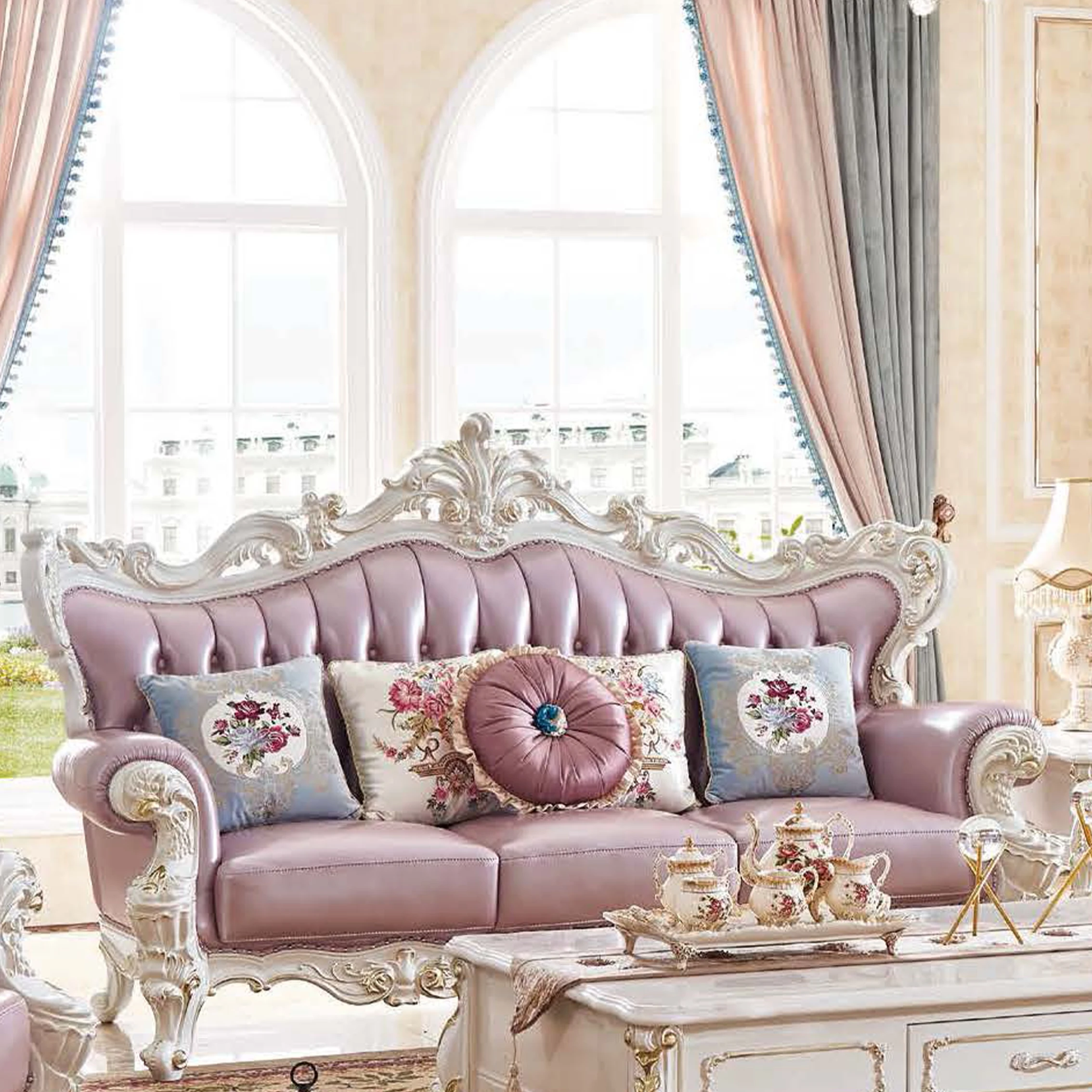 French luxury antique carved wooden 1 2 3 genuine leather couch cushion upholstered living room furniture sofa for hotel villa