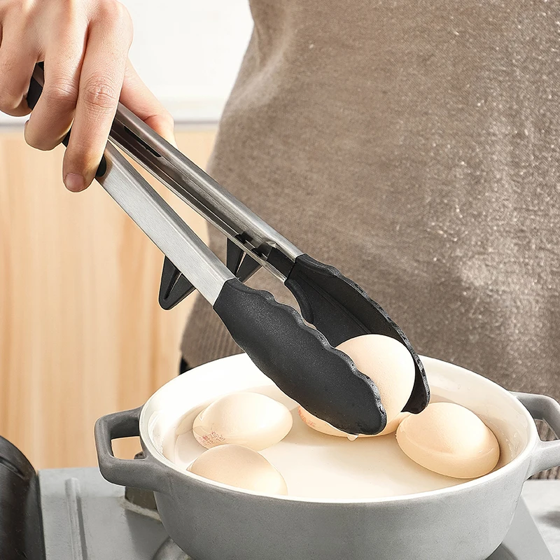 Stainless Steel Silicone Food Clip Tongs Kitchen Gadgets Salad Bread Cooking Food Serving Tongs With Stand