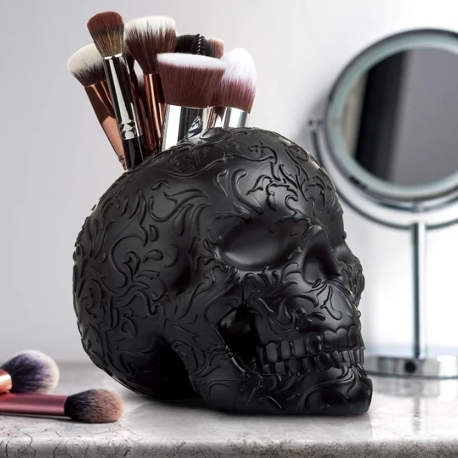 Hot sale Wholesale halloween statue gifts decorations home skull skeleton decor Skull Makeup Brush and Pen Holder