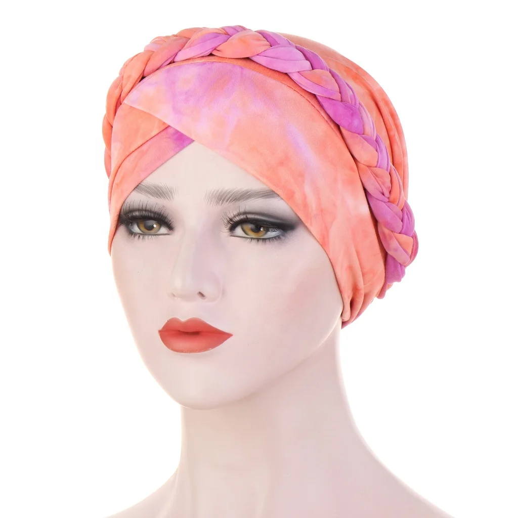 
Wholesale new design tie dye worsted head scarf milk silk cloth braid hat short braided turban hat 