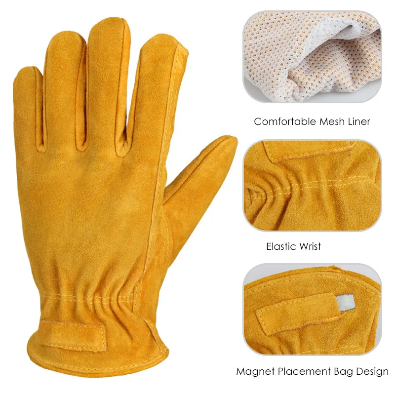 Factory Wholesale Yellow Cow Split Leather Magnetic Magnet Nail Working Glove for Carpenter