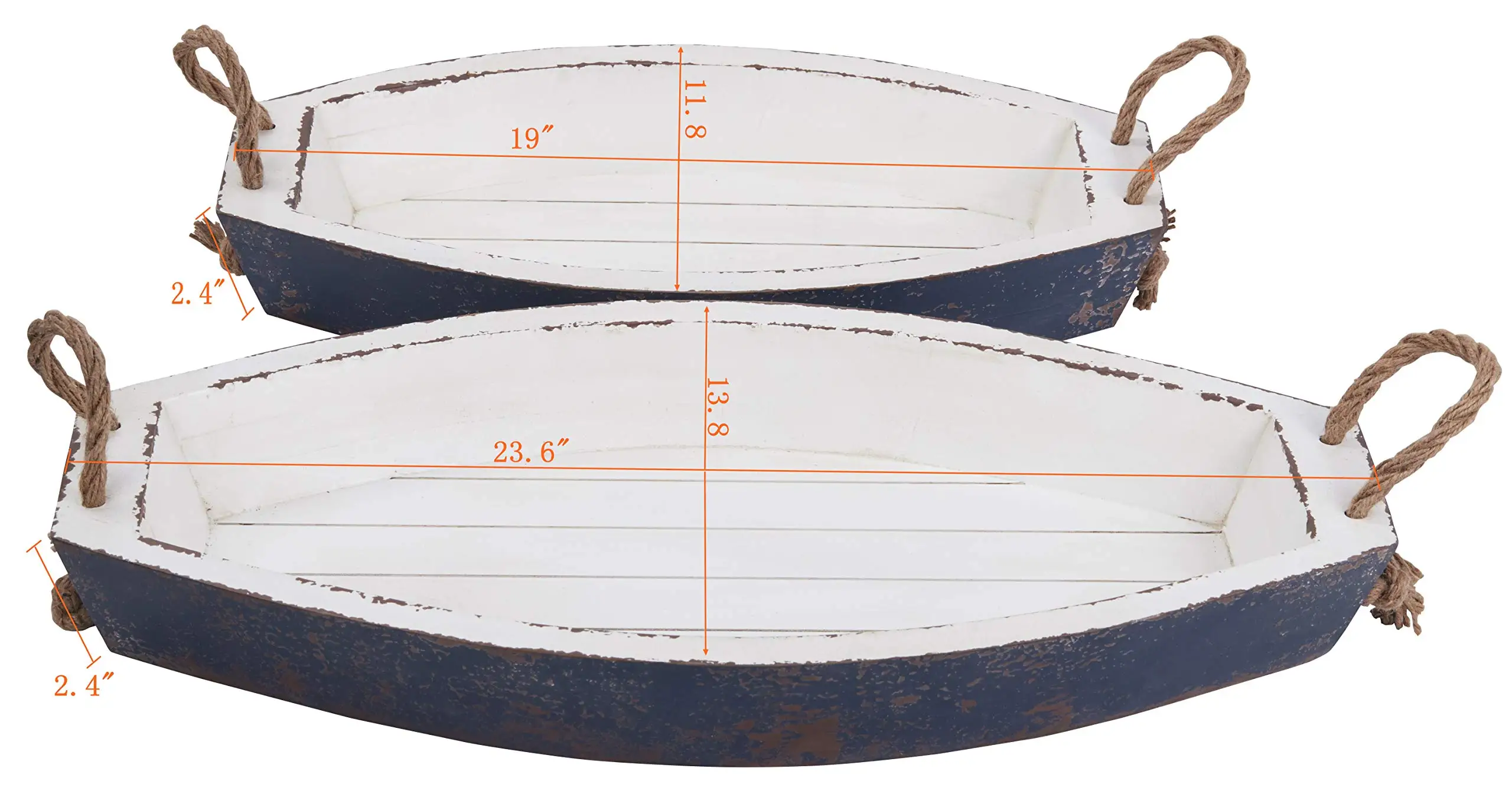 Set of 2 Rustic Style Nesting Wooden Boat Breakfast Platters Serving Trays With Belt Rope Handle