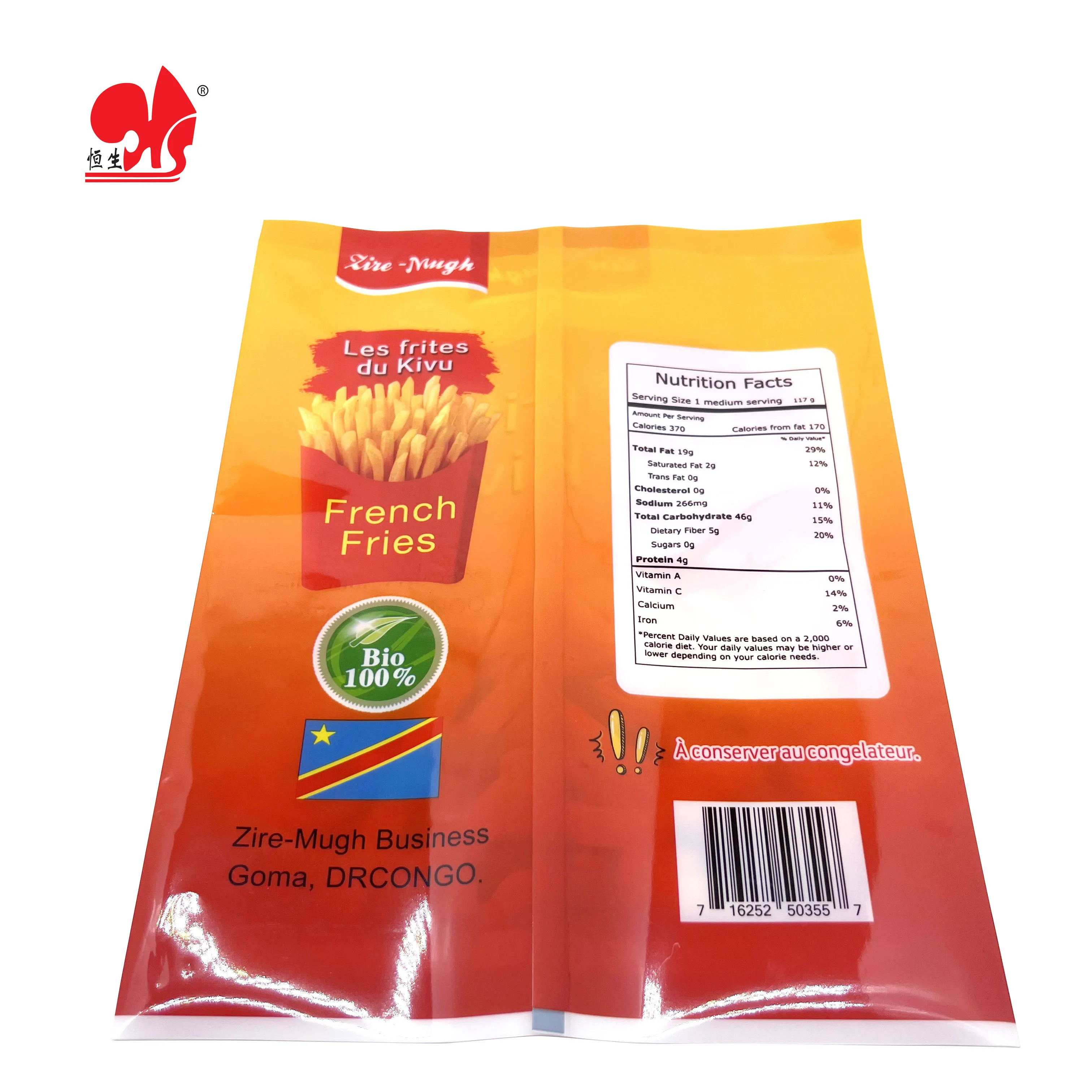 Food grade custom printed package with sealed back pocket pillow-shaped French fry bag
