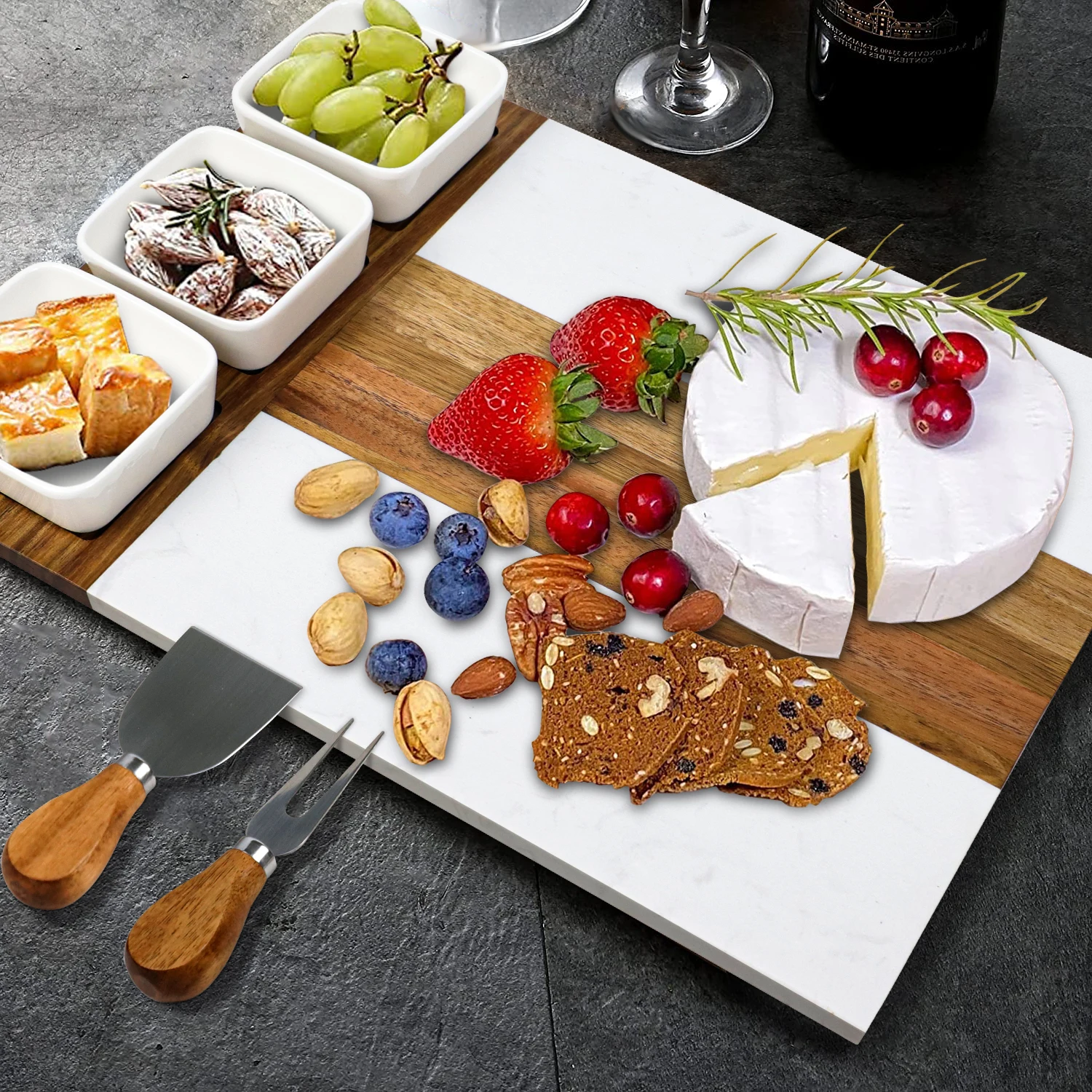 GL New Design Marble and Acacia Wood Charcuterie Board Cheese Board With 3 Ceramic Bowls bamboo cheese board and knife set