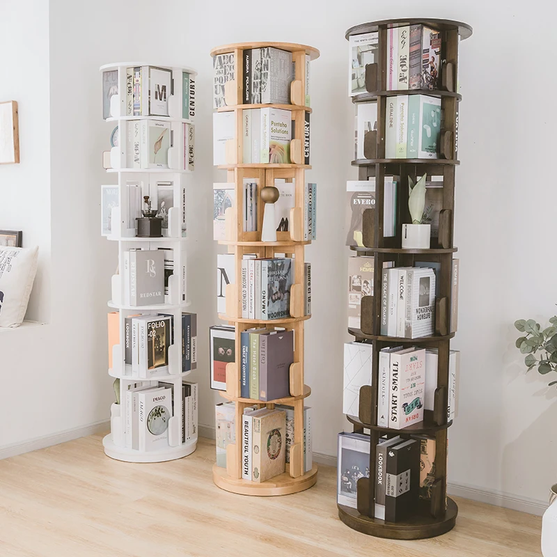 modern solid wood 3-6 shelf children revolving bookcase with wheels