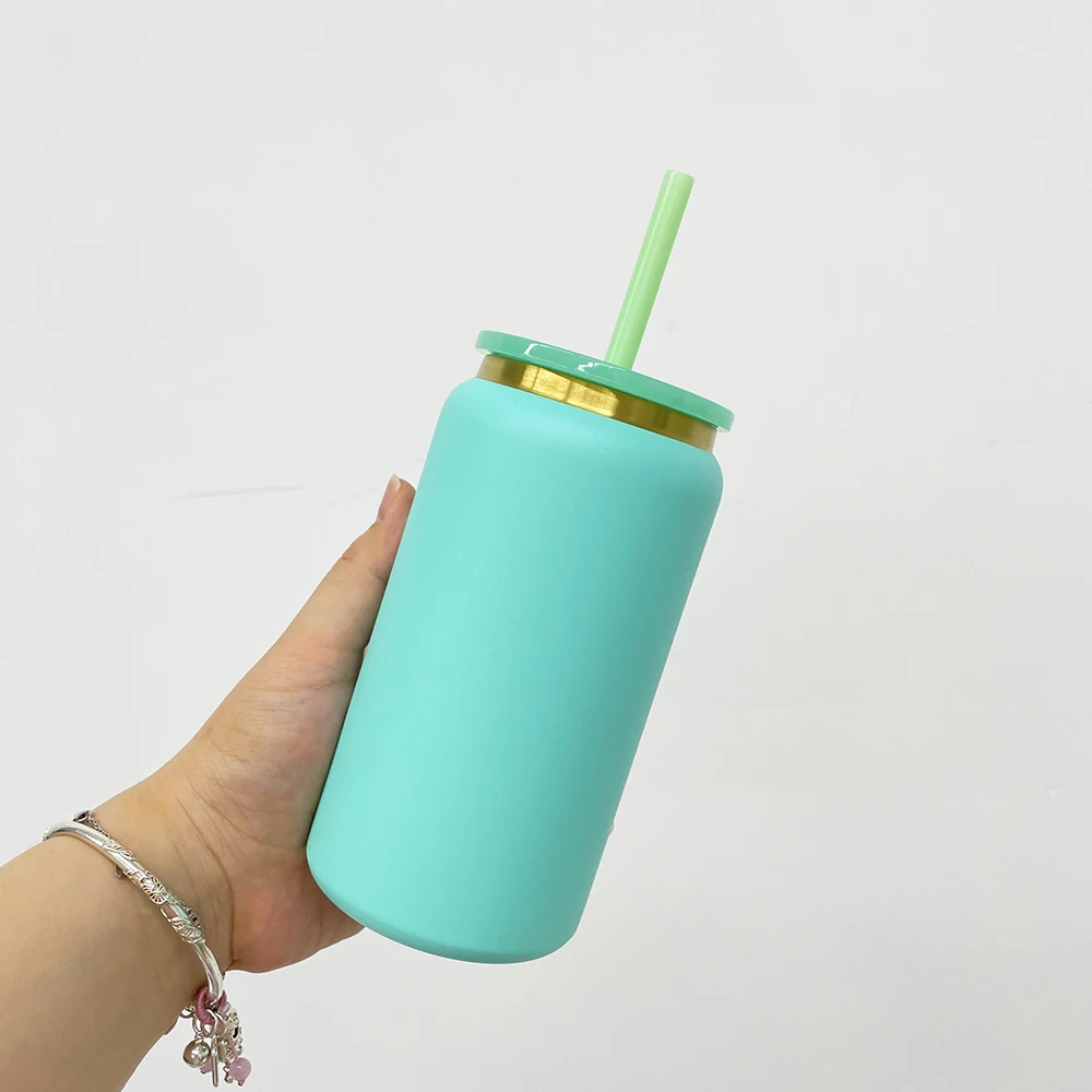 Recyclable Double Walled Vacuum Insulation powder coated gold plated 16oz stainless steel beer can with straw for laser engrave