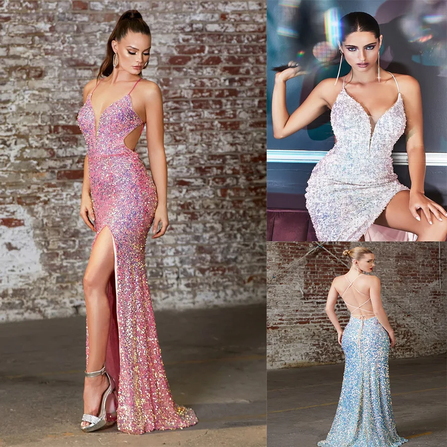 Fashion Sequin Split Evening Dress Sexy Backless V-Neck Sling Halter Prom Dress Party Dress