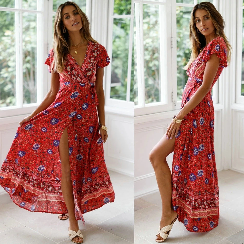 Wholesale Bohemian Style Cotton Long Dress Floral Maxi Hippie Vestidos Casual Short Sleeve V Neck Belt Wrap-body Dresses