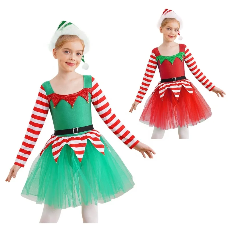 4-16 Kids Girls Christmas Elf Cosplay Costume Tutu Leotard Dress With Hat Set For Christmas Theme Party Cosplay Role Play Dress