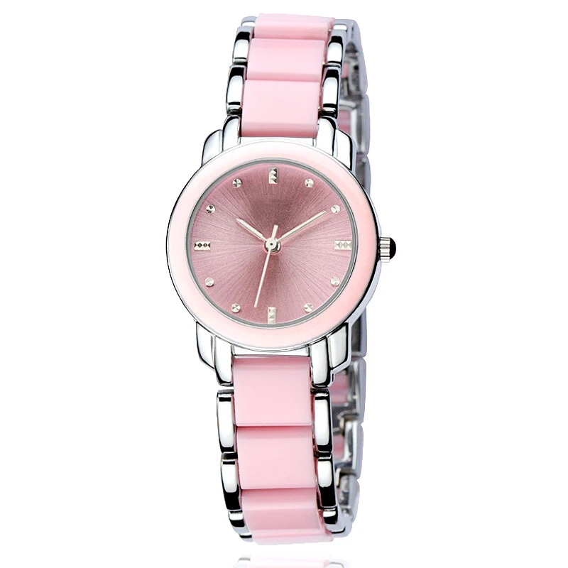 Stainless steel japan quartz movement crystals white black and pink color strap minimalist women white ceramic watch
