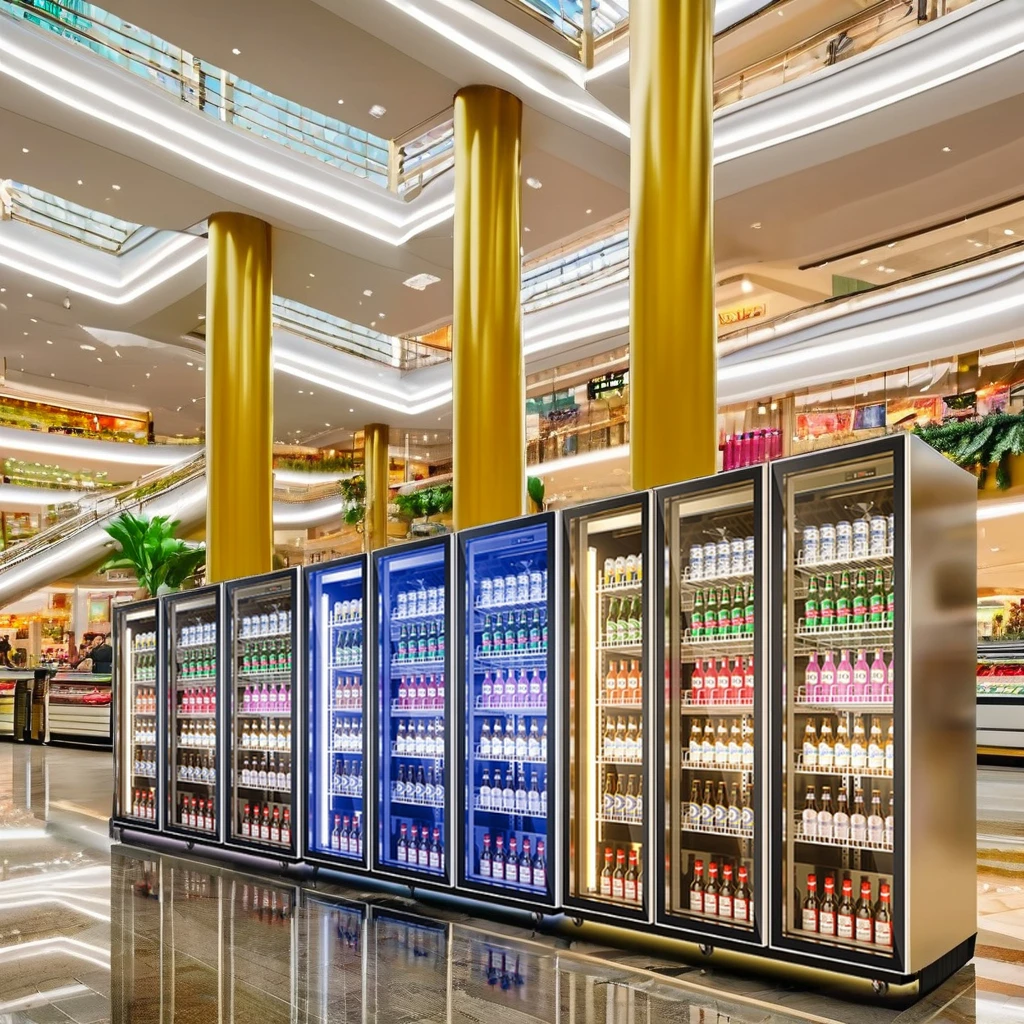 Supermarket shopping mall black and white full screen glass door upright beverage display refrigerator wine display chiller