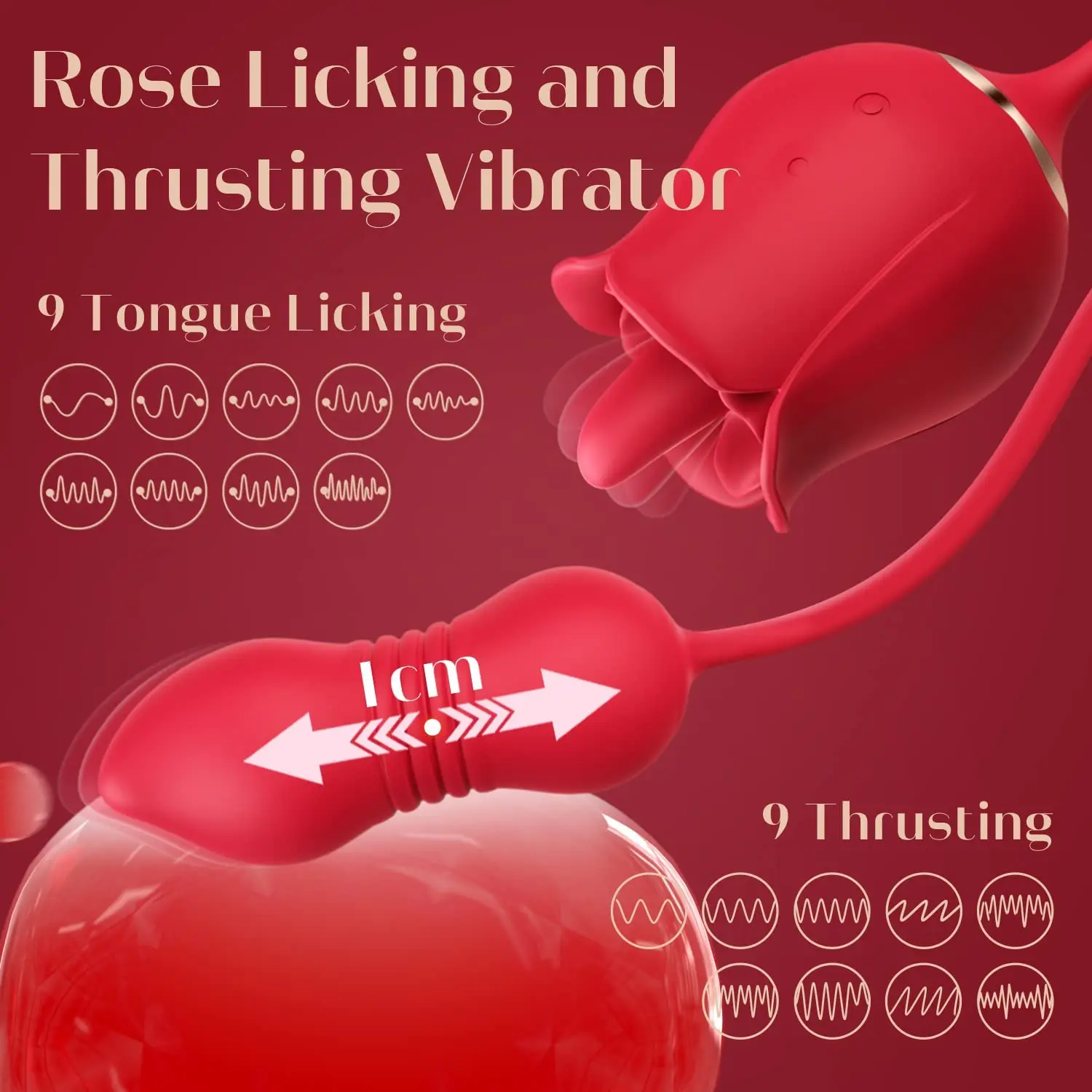 Rose Sex Toy Dildo Vibrator - 3in1 Rose Sex Stimulator for Women with 9 Tongue Licking & 9 Thrusting Dildo G Spot Vibrators