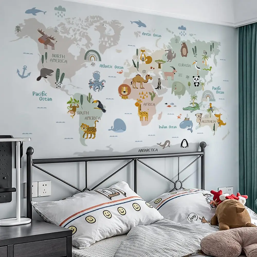 Animal World Map Wall Stickers Cartoon Lion Bear Travel Wall Decals Baby Kids Bedroom Nursery Toddler Room Wall Sticker Decor